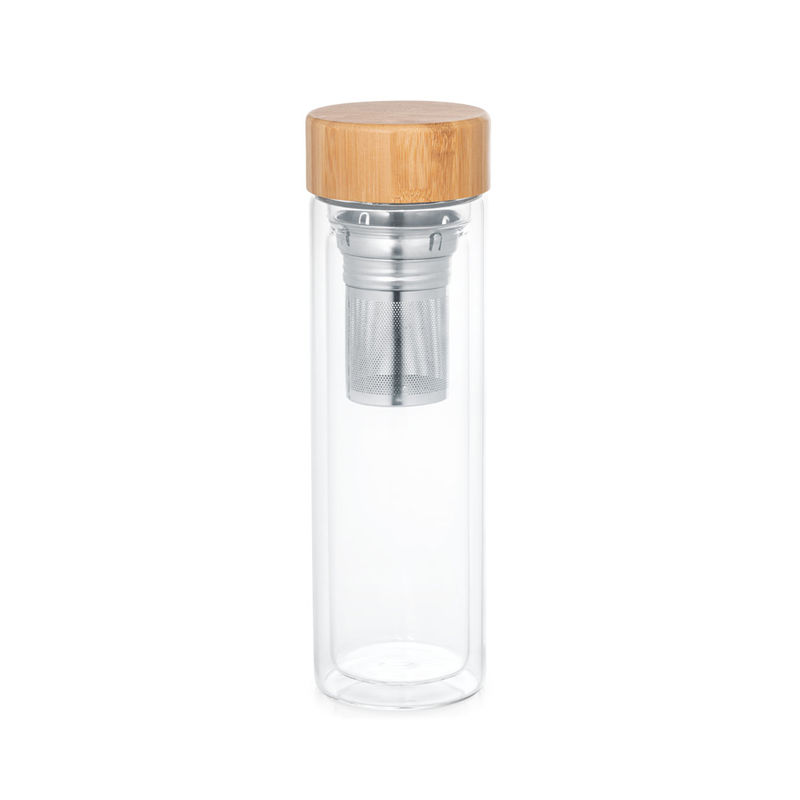 Gourde personnalisable en verre borosilicaté à double paroi et couvercle bambou 234 mm|Makarova Naturel