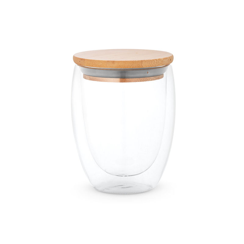 Verre publicitaire de voyage en verre borosilicaté à double paroi couvercle bambou|Ecuador 350 Naturel