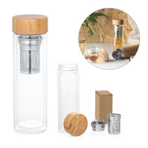 Gourde personnalisable en verre borosilicaté à double paroi et couvercle bambou 234 mm|Makarova