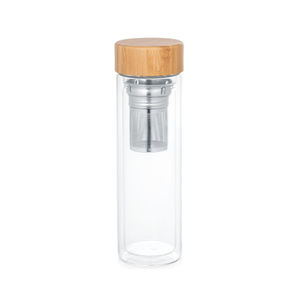 Gourde personnalisable en verre borosilicaté à double paroi et couvercle bambou 234 mm|Makarova Naturel